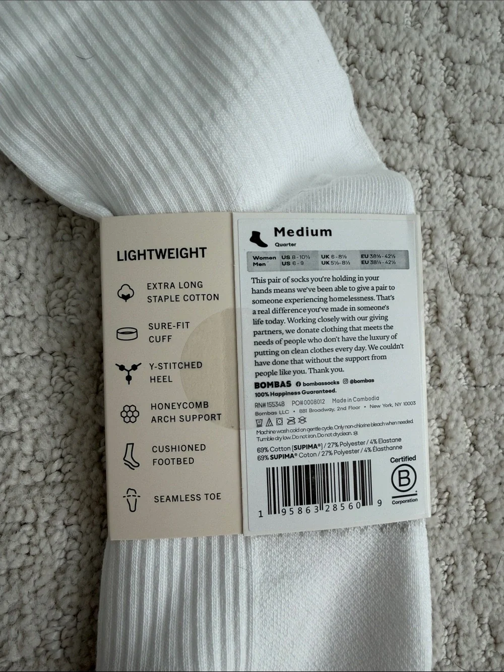 Bombas Modern Rib Quarter Socks - White